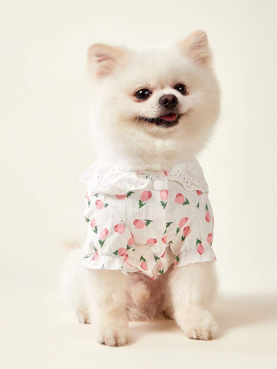 PETSIN 淡粉色可爱郁金香印花镂空荷叶边设计休闲透气轻便夏季衬衫，适合外出和遛宠物