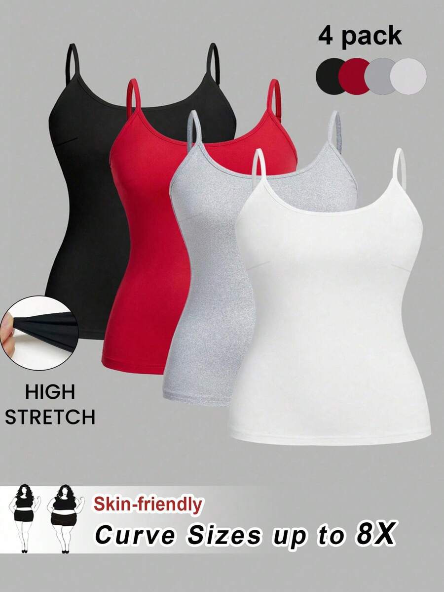 SHEIN CURVE+ 加大码女式纯色休闲吊带背心/细肩带背心/情人节/4件套/套装 - 彩色 - 查看 1