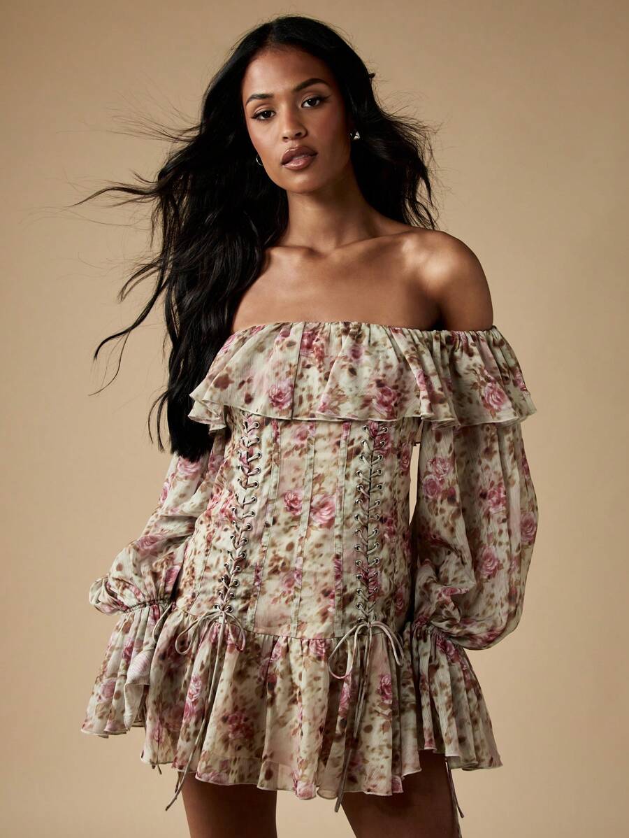 puff sleeve floral corset mini dress Phorchia Mini Dress