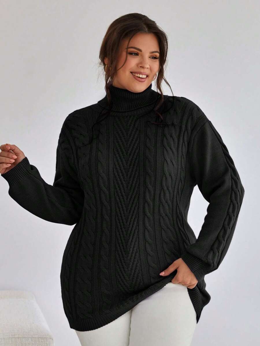 SHEIN Cottnline كنزة صوفية صوفية بياقة عالية وغرزة كيبل مع كتف منخفض - الأسود - مشاهدة 1
