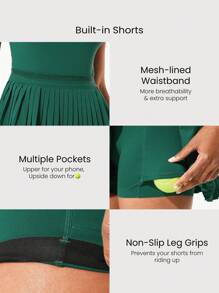 GLOWMODE FeatherFit™-Air Quick-Dry Tennis Built-In Cups Pleated Peekaboo Elasticized Waist Dress With Built-In Shorts Side Pockets Running Workout Gym - Green - View 4
