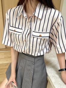 DAZY Women's Casual Loose Striped Shirt, Summer Preppy Tops - Beige - View 5