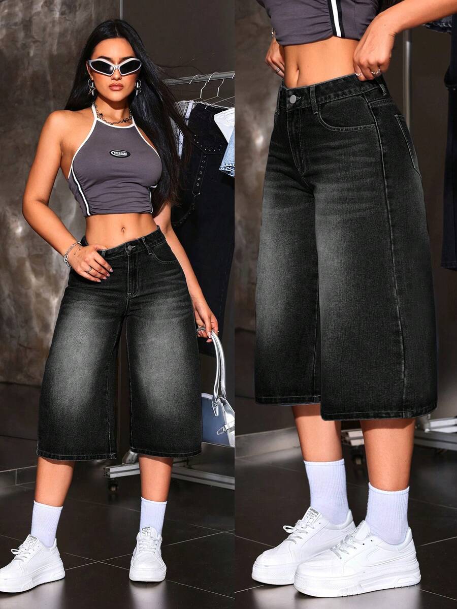 SHEIN ICON 女式休闲低腰阔腿七分宽松牛仔裤 - 深灰色 - 查看 1