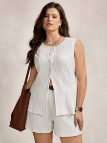 SHEIN LUNE 大码女式单排扣背心和短裤套装