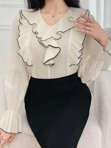 DAZY Elegant Contrast Ruffle V-Neck Women Shirt