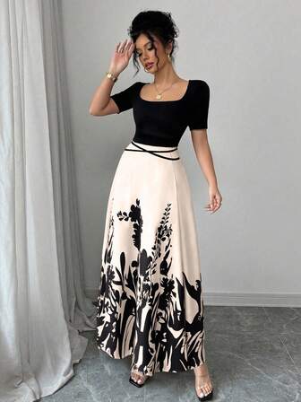 Rafferiza 女士优雅修身方领拼接腰带中式印花中长连衣裙