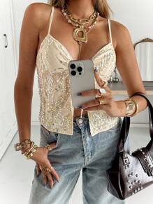 Siren Gaze 女士纯色亮片前系带吊带背心 - 杏色 - 查看 5