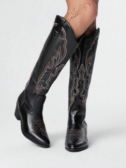 Fairycore Botas altas de estilo western de mujer con bordados negros, botas de moda para primavera y otoño