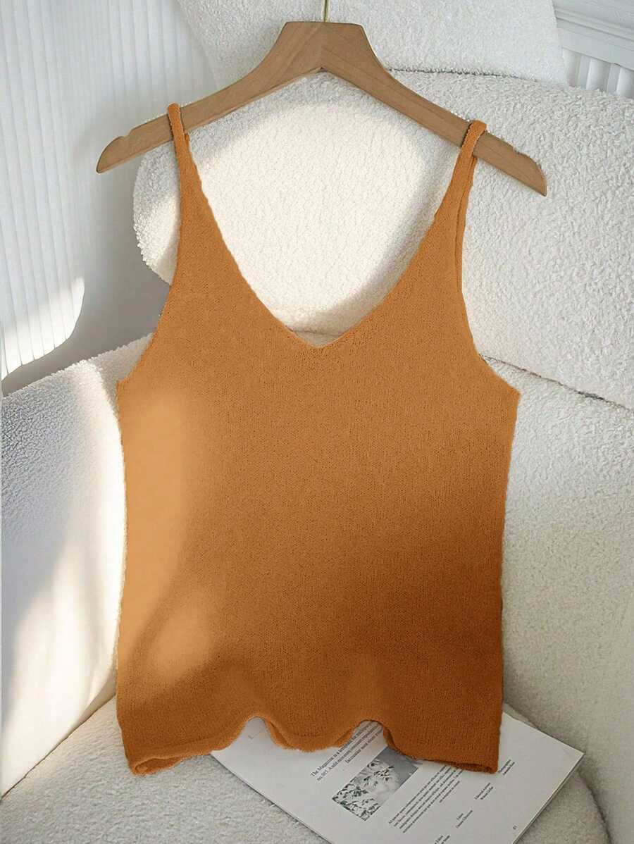 Franclia 女士夏季V领无袖休闲宽松纯色针织毛衣上衣 - 芥末黃 - 查看 1