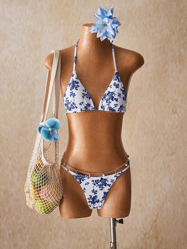 SHEIN ICON 2 Stücke Damen Sexy Ausgeh Blau Blumen Muster Neckholder Bikini Set