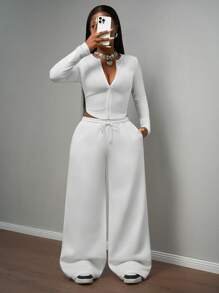 Slaydiva 2025秋冬新款休闲百搭单品-圆领拉链领长袖T恤上衣+卫衣+卫衣裤+白色卫衣两件套-A - 白色 - 查看 5