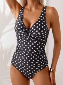 Swim Basics 1pc Women's Polka Dot Print Crossed Design One-Piece Swimsuit, Vacation For Summer - Multicolor - View 5