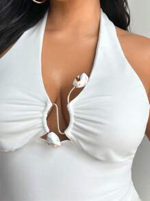 Firerie 女士夏季休闲优雅辣妹时尚性感时尚新款海滩音乐节 V 领露背金属装饰紧身白色吊带背心短款上衣 - 白色 - 查看 7