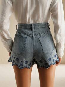 Anewsta Quần short denim túi thêu hoa thời trang cho nữ - Màu xanh lam - Xem 2