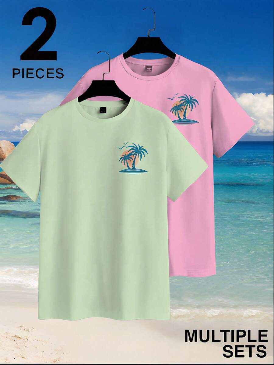 Manfinity RSRT 2pcs Men's Slim Fit Summer Palm Tree Print Short Sleeve T-Shirt - Pink - View 1