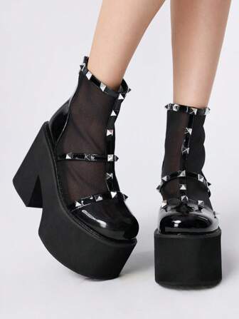 Grunge Punk Botas de mujer de moda con tacón alto, suela gruesa y recorte calado