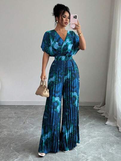 Elenzga Women's Elegant Floral Print Pleated Jumpsuit For Summer