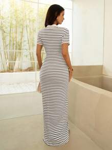 SHEIN SXY Black And White Striped Casual Maxi Dress With Collar And Front Split Striped Maxi Dress Short Sleeve Maxi Dress Casual Long Dress - Black and White - View 5