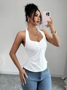 Chiquease French Style Knit White Halter Backless Tie-Up Contrast Lace Women's Summer Tank Top - White - View 8