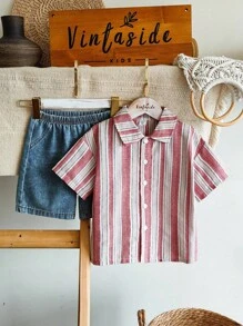 SHEIN 小男孩春夏翻领休闲条纹短袖衬衫和时尚百搭水洗牛仔短裤套装