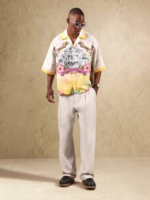 Sumwon Studios Palm And Rhythm 度假村保龄球衬衫图案艺术房屋印花夏威夷度假海滩 Aloha 夏季纽扣衬衫 - 彩色 - 查看 4