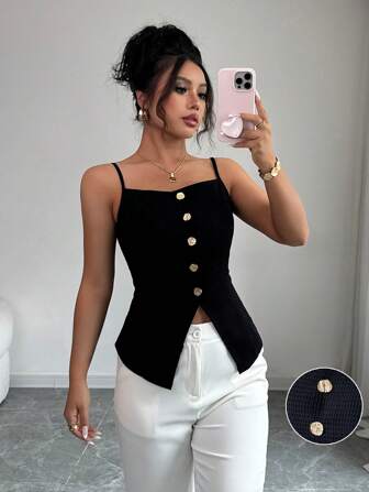 Rafferiza 女式夏季休闲纯色华夫格纹理面料金属装饰开衩下摆修身吊带背心