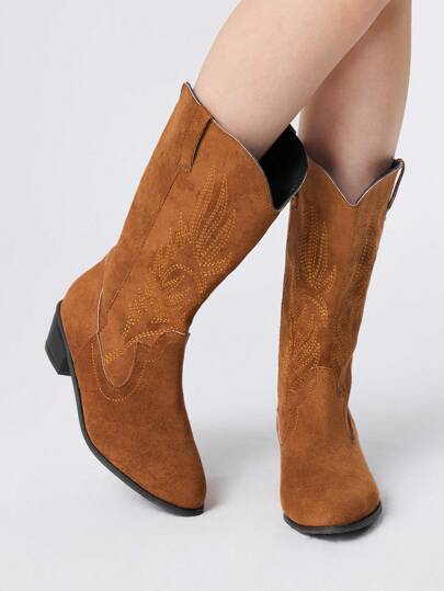 Kawaii Women's Cowboy Boots With Embroidery, Mid-Calf, Nature Style, Brown Faux Suede Western Boots
