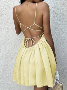 Sunnyshic Women's Pleated Backless Crisscross Straps Dress - Light Yellow - View 2