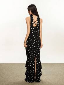 Rina Fox Women's Fitted Polka Dot Slip Dress With Elegant Flounced Hem - Black - View 2
