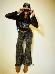 ROMWE Street Life California Bombshell – Figurbetontes Damen Top mit transparentem Strass-Slogan