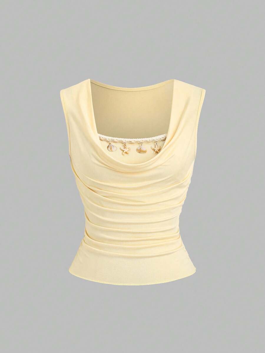 Sweetra New Draped Neck Shell Decor Women Camisole - Yellow - View 1