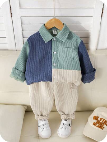 SHEIN Baby Boy Manchester Patchwork jacka och långbyxor med elastisk midja, söt höst/vinter outfit
