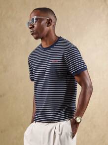 SUMWON Camiseta Vintage de Rayas con Cuello y Puños Contrastantes, Casual de Verano y Primavera, Esencial de Algodón, Top Retro de Club y Streetwear Básico