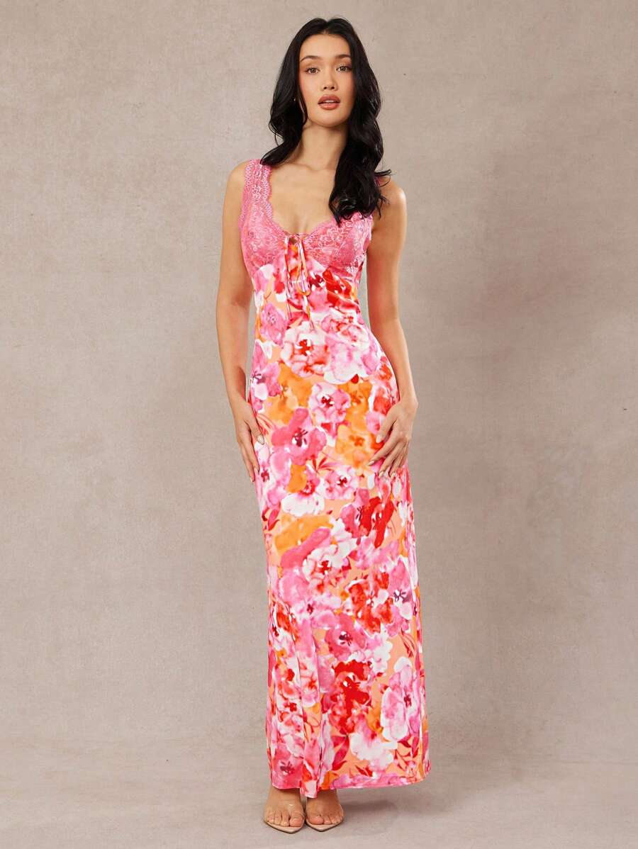 L'Amorae Váy thời trang không tay buộc ren in hoa phía trước cho nữ - Nhiều màu - Xem 1