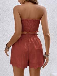 SHEIN Frenchy 2件套女士度假纯色扭纹抹胸上衣和短裤套装 - 紅木色 - 查看 2