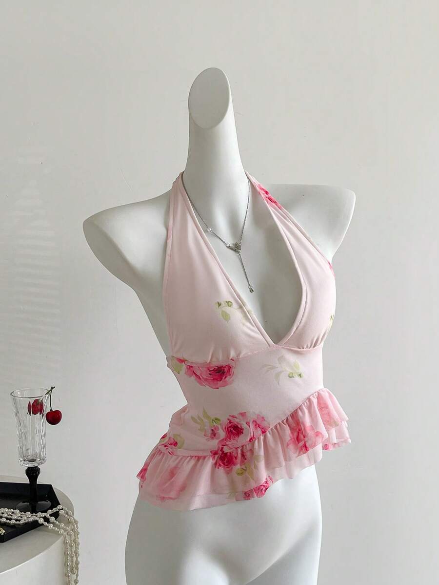 Sweetra Áo ba lỗ cổ yếm in họa tiết hoa cho kỳ nghỉ hè trên bãi biển dành cho nữ - Nhiều màu - Xem 1