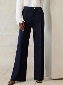 Aveloria Modichic British Style Linen-Look Straight Leg Pants With Metal Buttons Fall Cloth For Women - Navy Blue - View 3