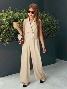 SHEIN Tween Girls Casual Khaki Vest Top And Leggings Set, Versatile For Commuting - Khaki - View 6