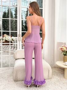 SHEIN 3pcs Women's Sleepwear Set: Embroidered Floral Mesh Splice Camisole Pants And Long Robe