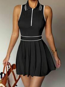 Slayform 女式休闲撞色褶边运动连衣裙，夏季 - 黑色 - 查看 8
