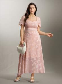 Flouryn فستان نسائي أنيق من قماش الجاكارد باللون الوردي ، مقاسات كبيرة ، للربيع/الصيف - وردي - مشاهدة 3