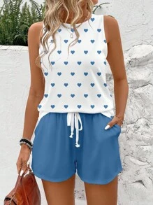 SHEIN LUNE Set de 2 piezas de top corto y pantalón corto con estampado de corazón, informal, adecuado para el verano - Multicolor - Ver 1