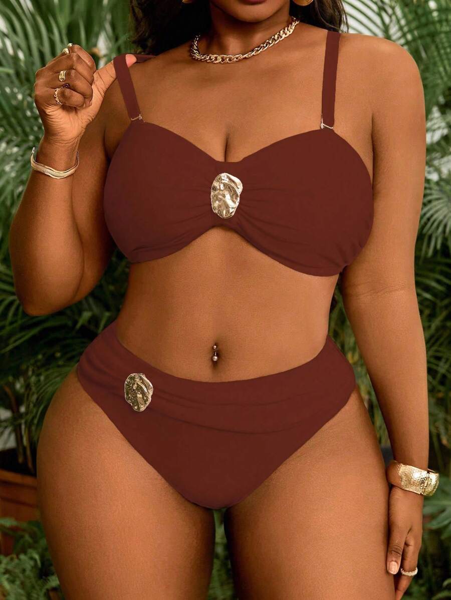 Slaydiva New Plus Size Women Bandeau Two Pieces Bikini Set, White Removable Strap Triangle Swimwear For Summer Beach Vacation - Brown - View 1