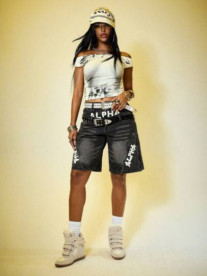 Street Life Pantalones culotte vaqueros de mujer con ajuste suelto, lavado vintage, cintura doble, con cremallera, remaches y estampado de graffiti de estilo urbano