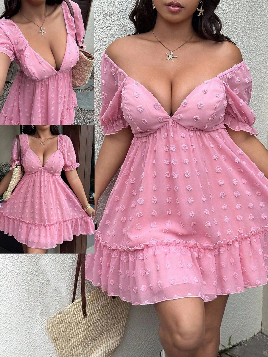 Sunnyshic 优雅的波西米亚风夏季女式太阳裙，纹理人造毛皮波尔卡圆点雪纺泡泡袖喇叭迷你粉色连衣裙，公主风格度假海滩 - 粉色 - 查看 1