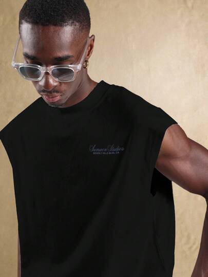  SUMWON 夏季背心，肌肉剪裁，宽松无袖，街头风，适合健身、节日、加州休闲风，毛边落肩设计，纯色