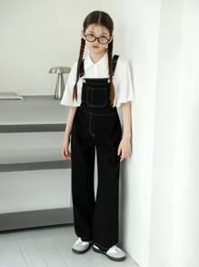 青少年女孩休闲校园风格服装 - 牛仔背带裤和可爱荷叶边衬衫套装，适合通勤、上学和日常外出 - 彩色 - 查看 5