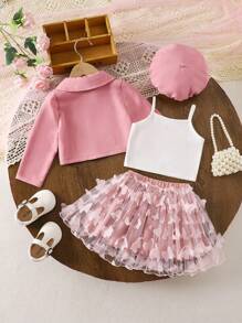 SHEIN Babygirl Chic Verstatile Mesh Skirt, Blazer, Tank, & Hat 3pcs Outfit Set - Pink - View 2