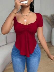 Sirith Foxxy 简约纯色休闲方领不对称下摆设计长袖女式 T 恤 - 酒紅色 - 查看 9