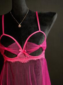 SHEIN Set de 2 camisones con tirantes finos de encaje y malla con diseño sexy para salir - Rosa Fucsia - Ver 4